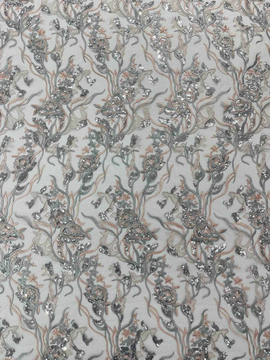 Floral Multi-Color Fabric - Blush / Silver - Flower and Leaves Lace Sequins Fabric Sold By Yard