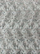 Floral Multi-Color Fabric - Blush / Silver - Flower and Leaves Lace Sequins Fabric Sold By Yard