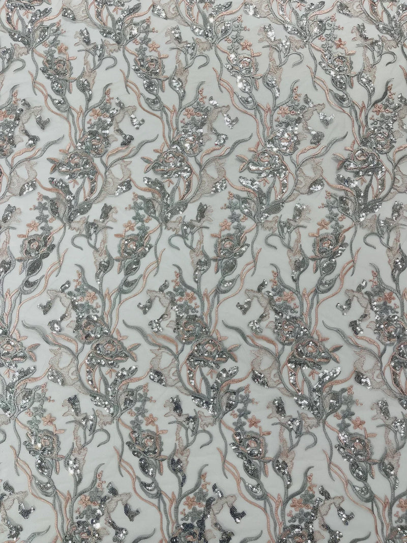 Floral Multi-Color Fabric - Blush / Silver - Flower and Leaves Lace Sequins Fabric Sold By Yard