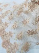 Floral Damask Lace Fabric - Blush - Embroidered Damask Flowers on Lace Fabric By Yard