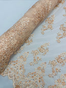 Beaded Floral Fabric - Blush - Embroidered Flower Cluster Beaded Fabric Sold By Yard