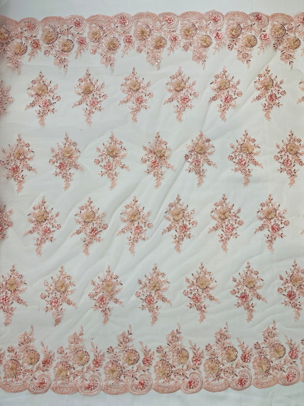 3D Floral Fabric with Floral Border - Blush - Embroidered Floral Fabric with Sequin and Beads By Yard