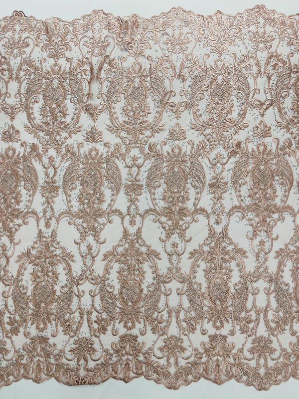 Damask Rhinestone Fabric - Blush - Beaded Embroidery Corded Lace Fabric Sold by Yard