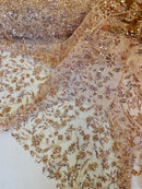 Beaded Floral Plant Design - Blush - Embroidered Beaded Flower Plants Sequins Fabric By Yard