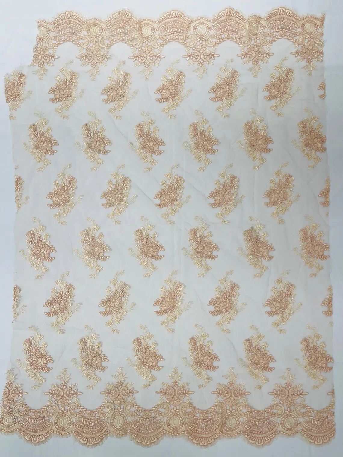 Floral Damask Lace Fabric - Blush - Embroidered Damask Flowers on Lace Fabric By Yard