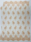 Floral Damask Lace Fabric - Blush - Embroidered Damask Flowers on Lace Fabric By Yard