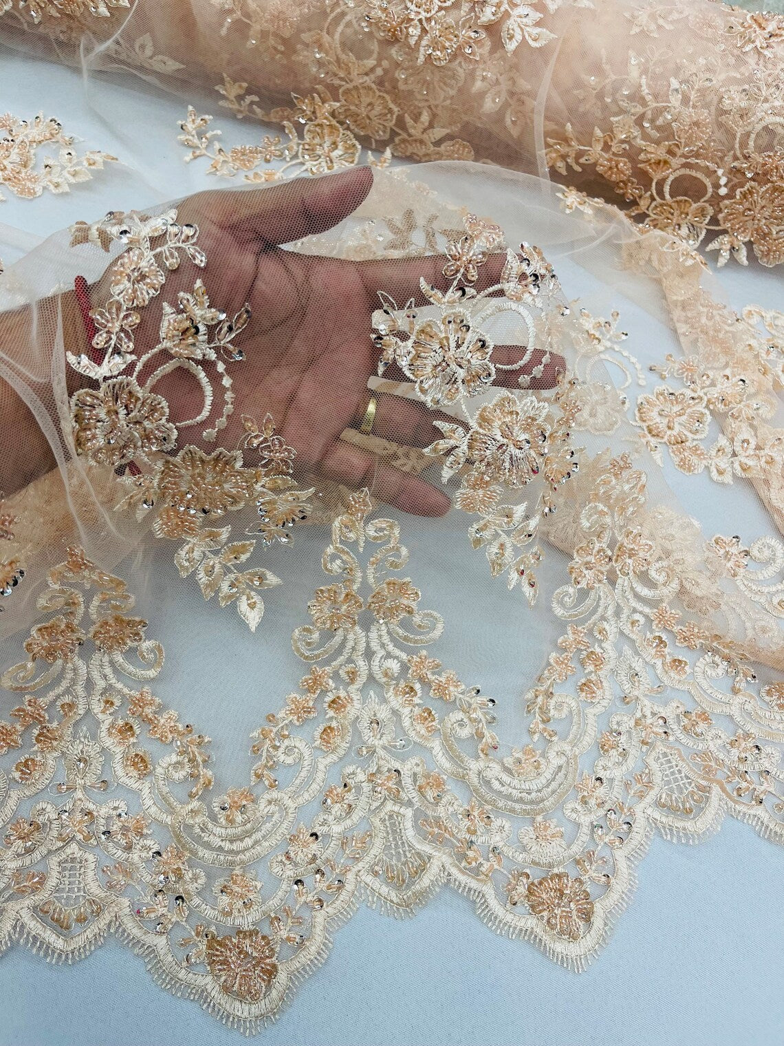 Beaded Floral Fabric - Blush - Embroidered Flower Cluster Beaded Fabric Sold By Yard