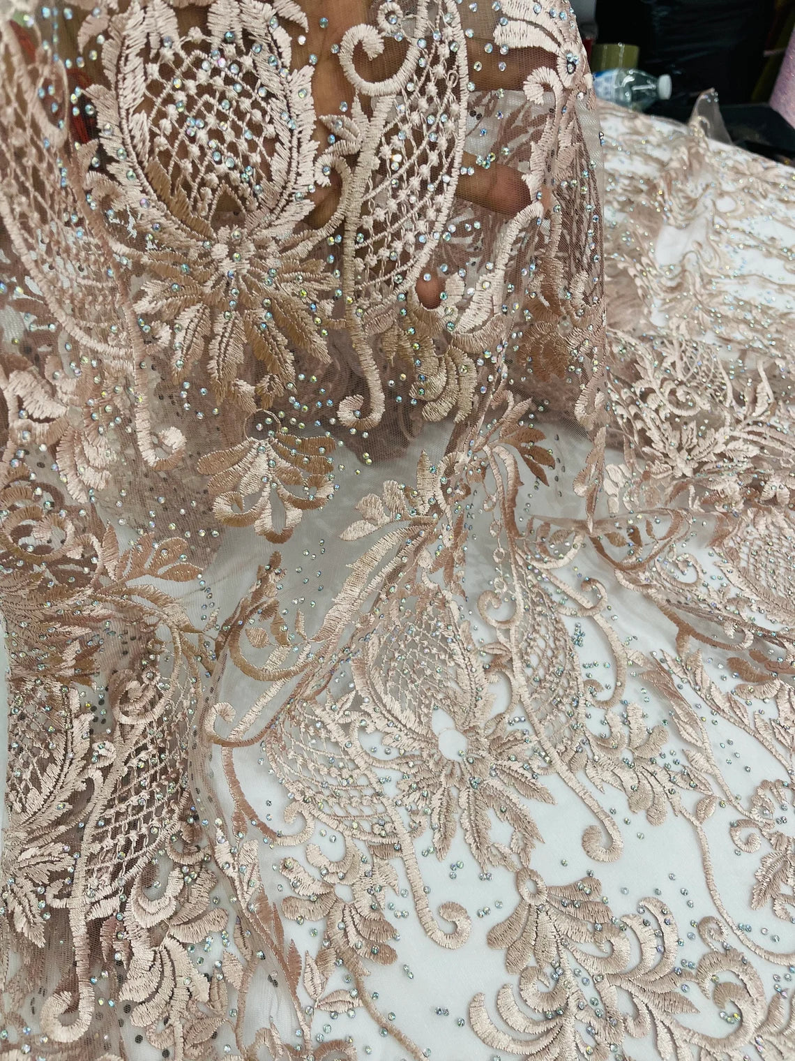 Damask Rhinestone Fabric - Blush - Beaded Embroidery Corded Lace Fabric Sold by Yard
