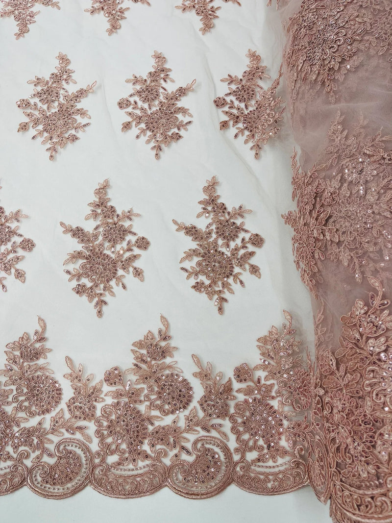 Floral Lace Flower Fabric - Blush - Floral Embroidered Fabric with Sequins on Lace By Yard