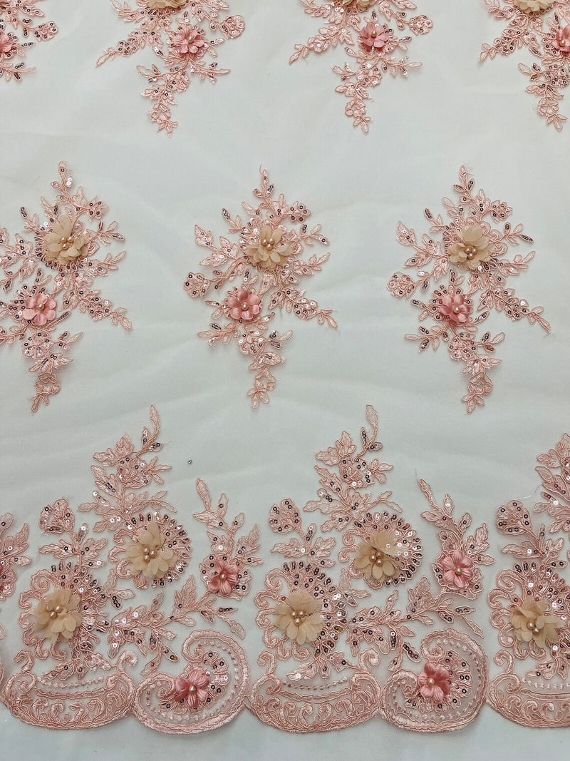 3D Floral Fabric with Floral Border - Blush - Embroidered Floral Fabric with Sequin and Beads By Yard