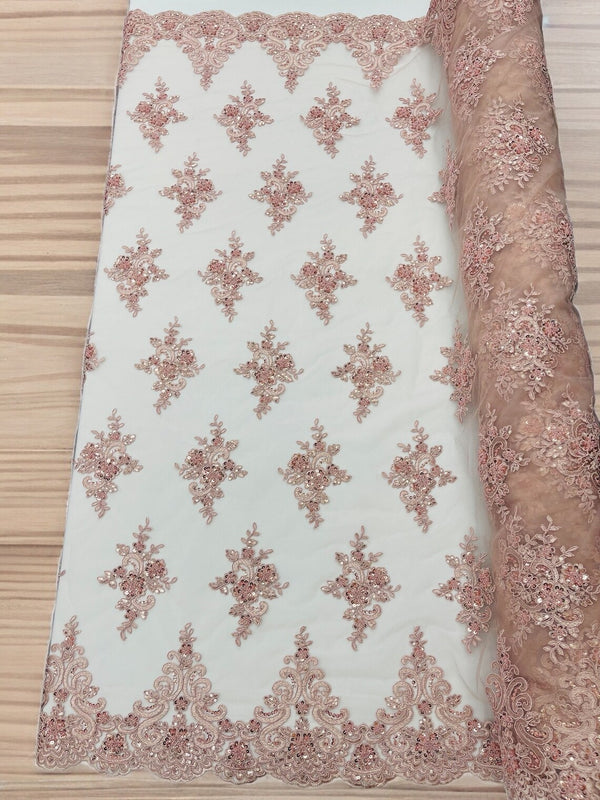 Beaded Floral Fabric - Blush - Floral Cluster Design Fabric with Damask Border by Yard