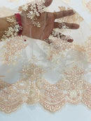 Floral Damask Lace Fabric - Blush - Embroidered Damask Flowers on Lace Fabric By Yard