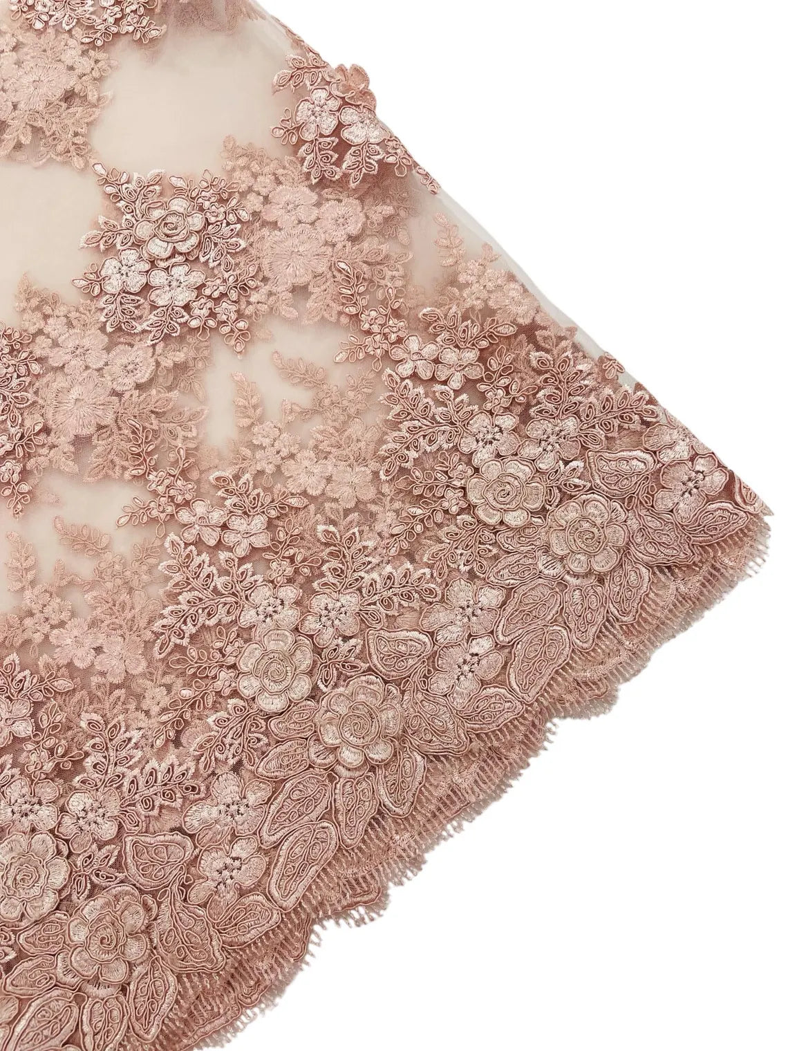 Corded Floral 3D Fabric - Blush - Embroidered Floral Design on Lace Mesh Fabric by Yard