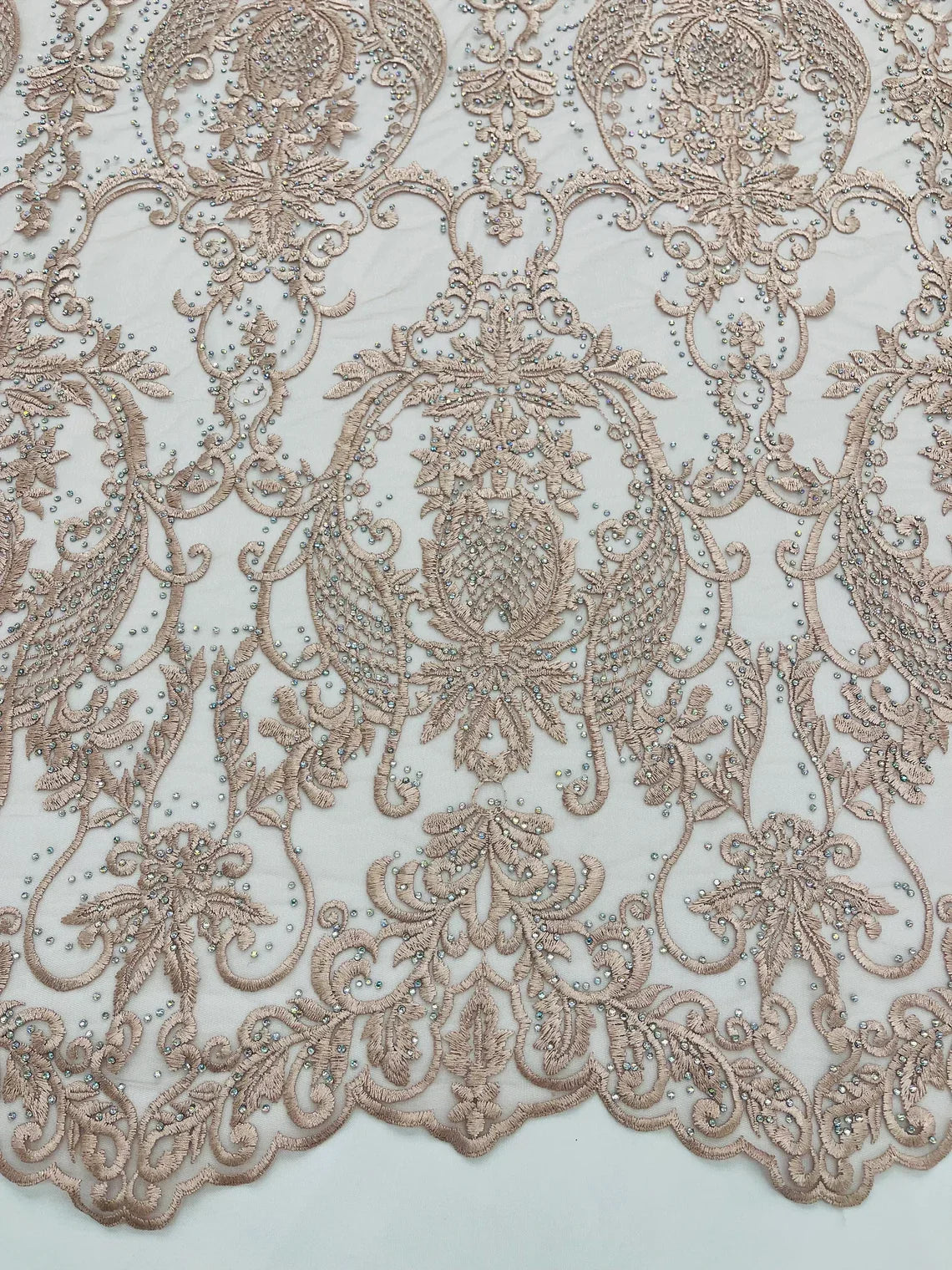 Damask Rhinestone Fabric - Blush - Beaded Embroidery Corded Lace Fabric Sold by Yard