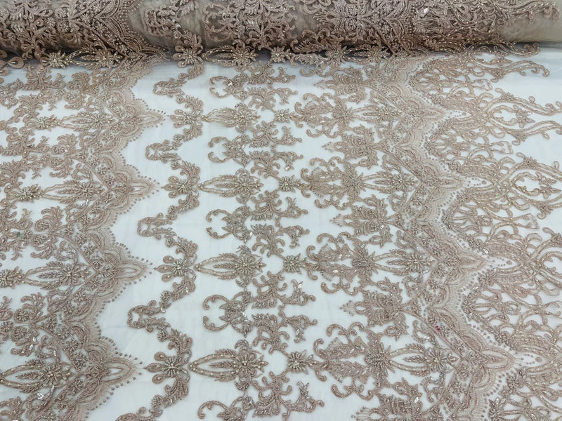 Damask Bead Fabric - Blush - Embroidered Glamorous Fabric with Round Beads Sold By Yard