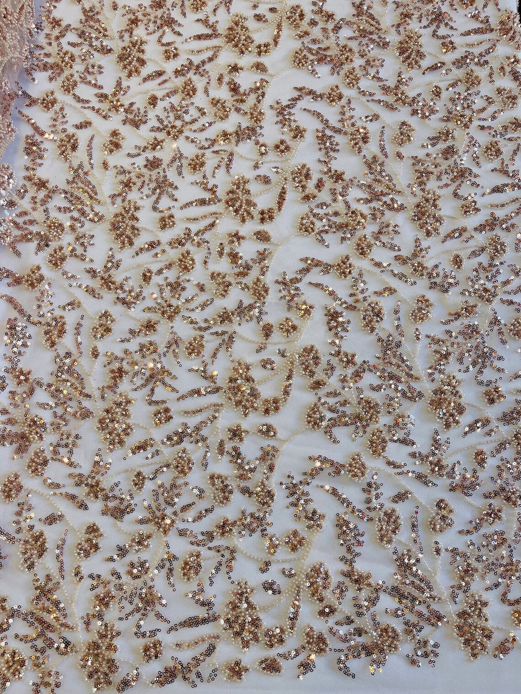 Beaded Floral Plant Design - Blush - Embroidered Beaded Flower Plants Sequins Fabric By Yard