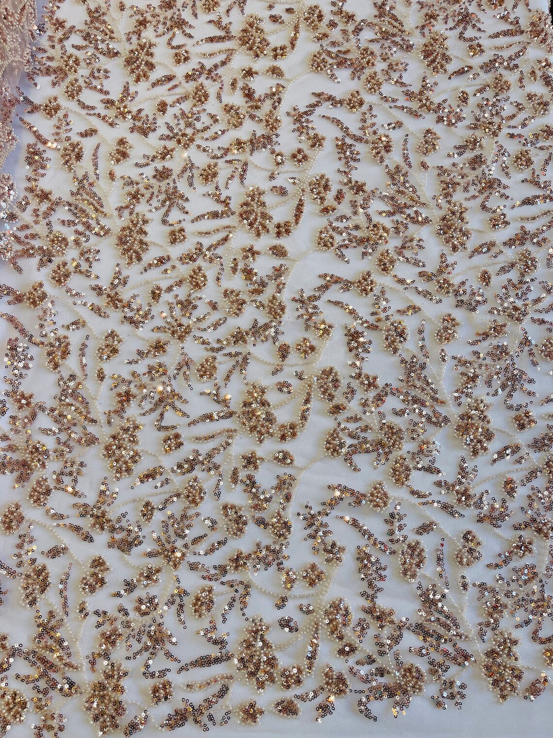 Beaded Floral Plant Design - Blush - Embroidered Beaded Flower Plants Sequins Fabric By Yard