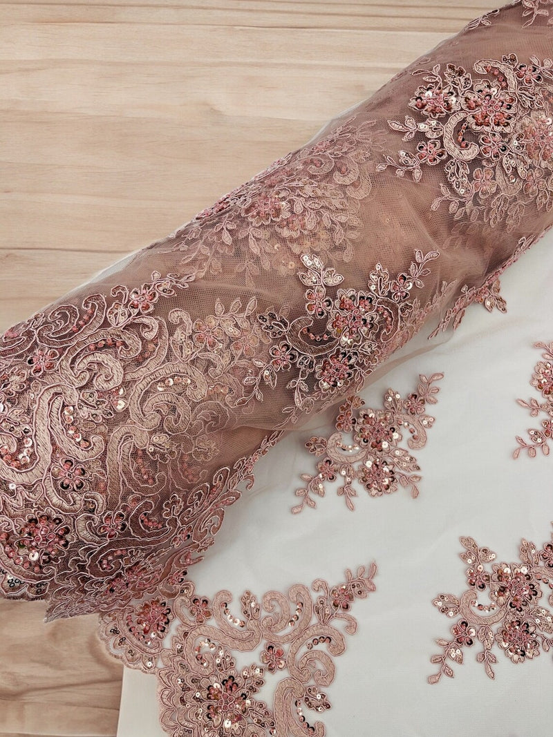 Beaded Floral Fabric - Blush - Floral Cluster Design Fabric with Damask Border by Yard