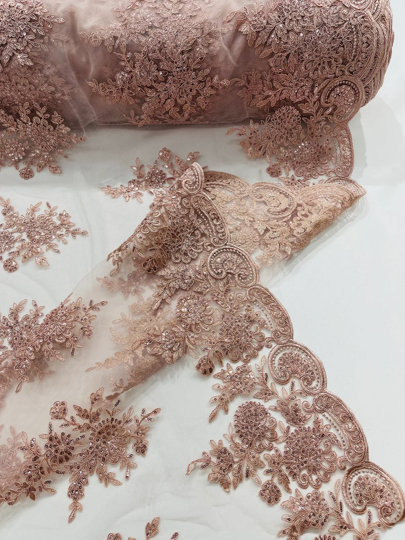 Floral Lace Flower Fabric - Blush - Floral Embroidered Fabric with Sequins on Lace By Yard