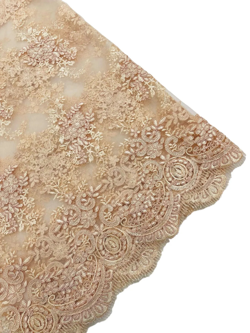 Floral Damask Lace Fabric - Blush - Embroidered Damask Flowers on Lace Fabric By Yard