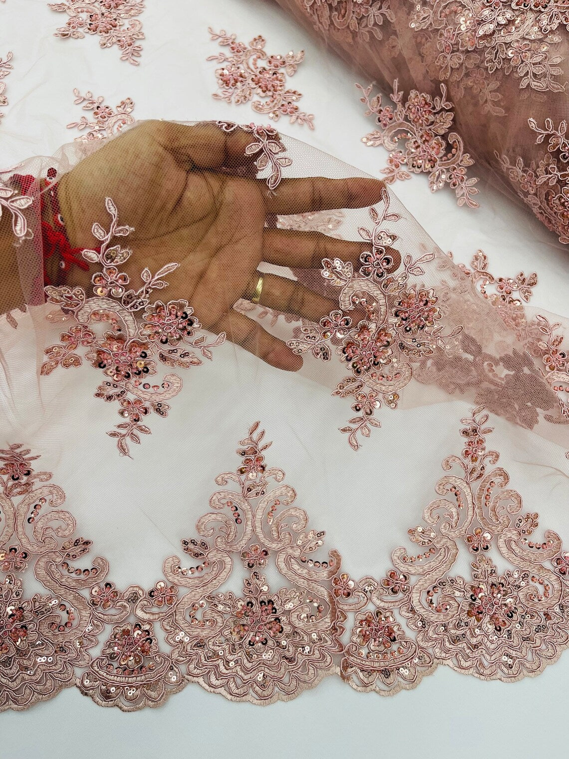 Beaded Floral Fabric - Blush - Floral Cluster Design Fabric with Damask Border by Yard