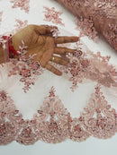 Beaded Floral Fabric - Blush - Floral Cluster Design Fabric with Damask Border by Yard