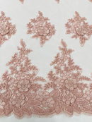 Corded Floral 3D Fabric - Blush - Embroidered Floral Design on Lace Mesh Fabric by Yard