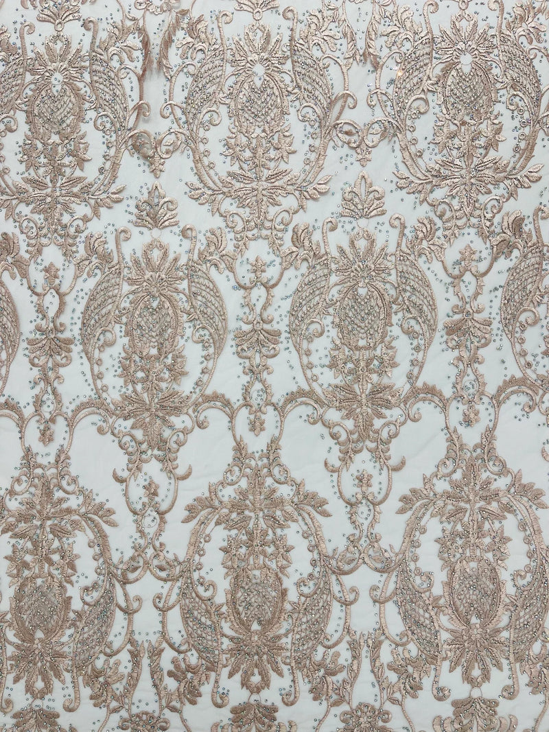 Damask Rhinestone Fabric - Blush - Beaded Embroidery Corded Lace Fabric Sold by Yard