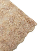 Floral Damask Lace Fabric - Blush - Embroidered Damask Flowers on Lace Fabric By Yard