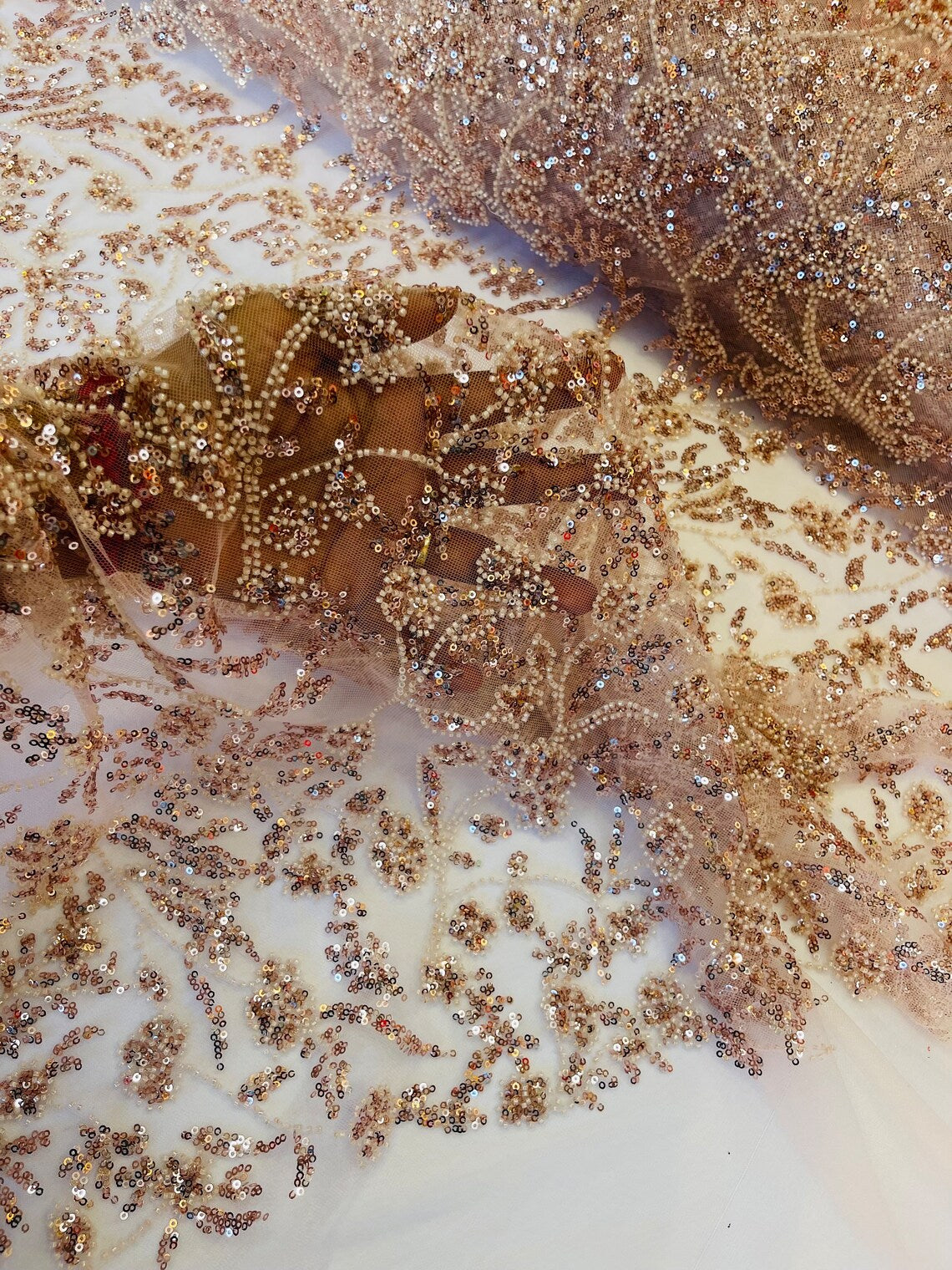 Beaded Floral Plant Design - Blush - Embroidered Beaded Flower Plants Sequins Fabric By Yard