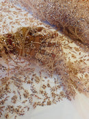 Beaded Floral Plant Design - Blush - Embroidered Beaded Flower Plants Sequins Fabric By Yard