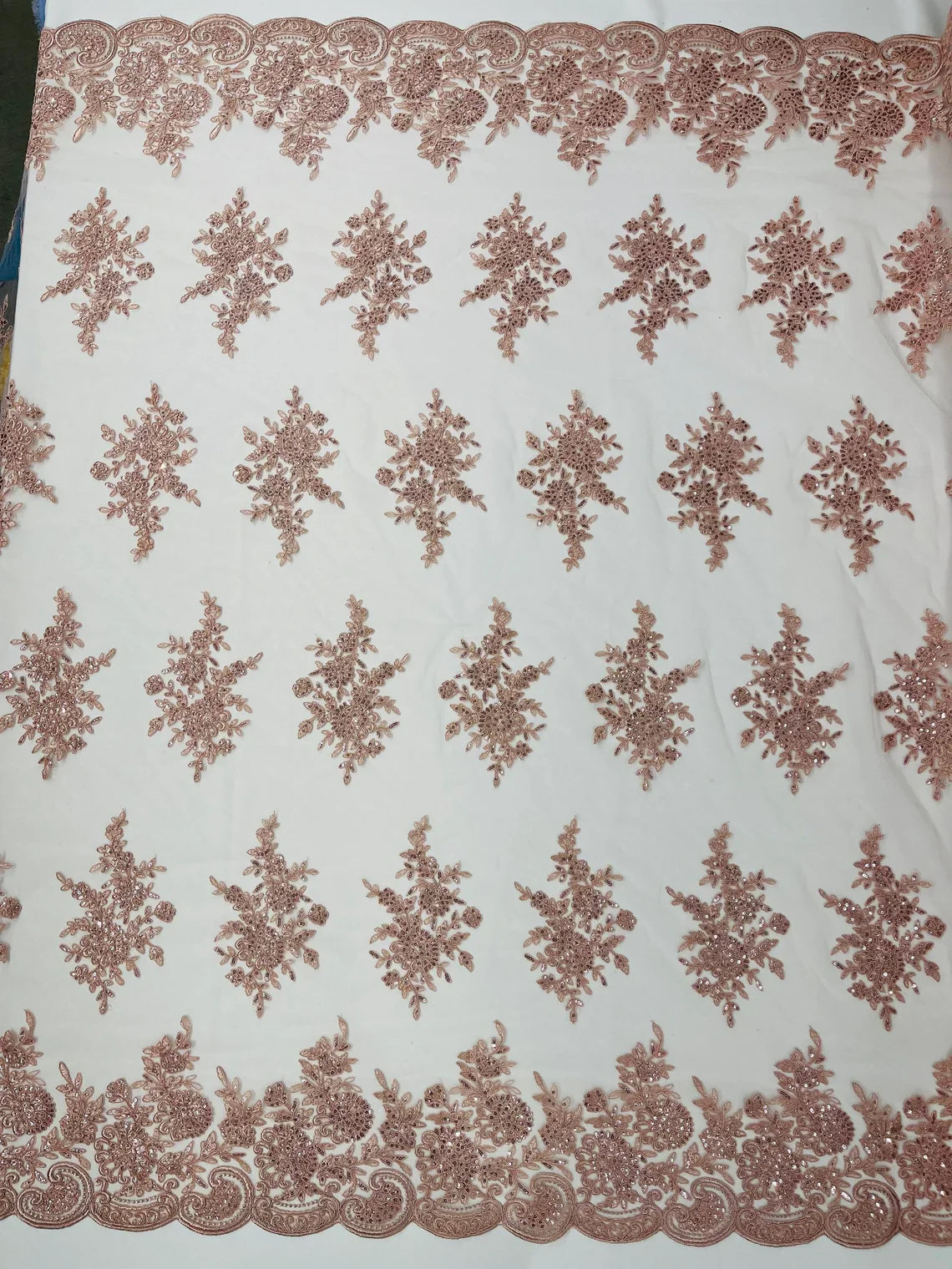 Floral Lace Flower Fabric - Blush - Floral Embroidered Fabric with Sequins on Lace By Yard