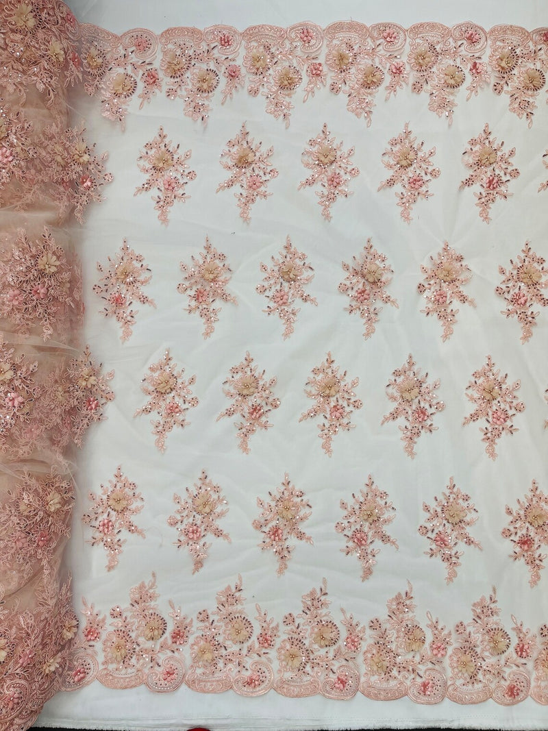 3D Floral Fabric with Floral Border - Blush - Embroidered Floral Fabric with Sequin and Beads By Yard