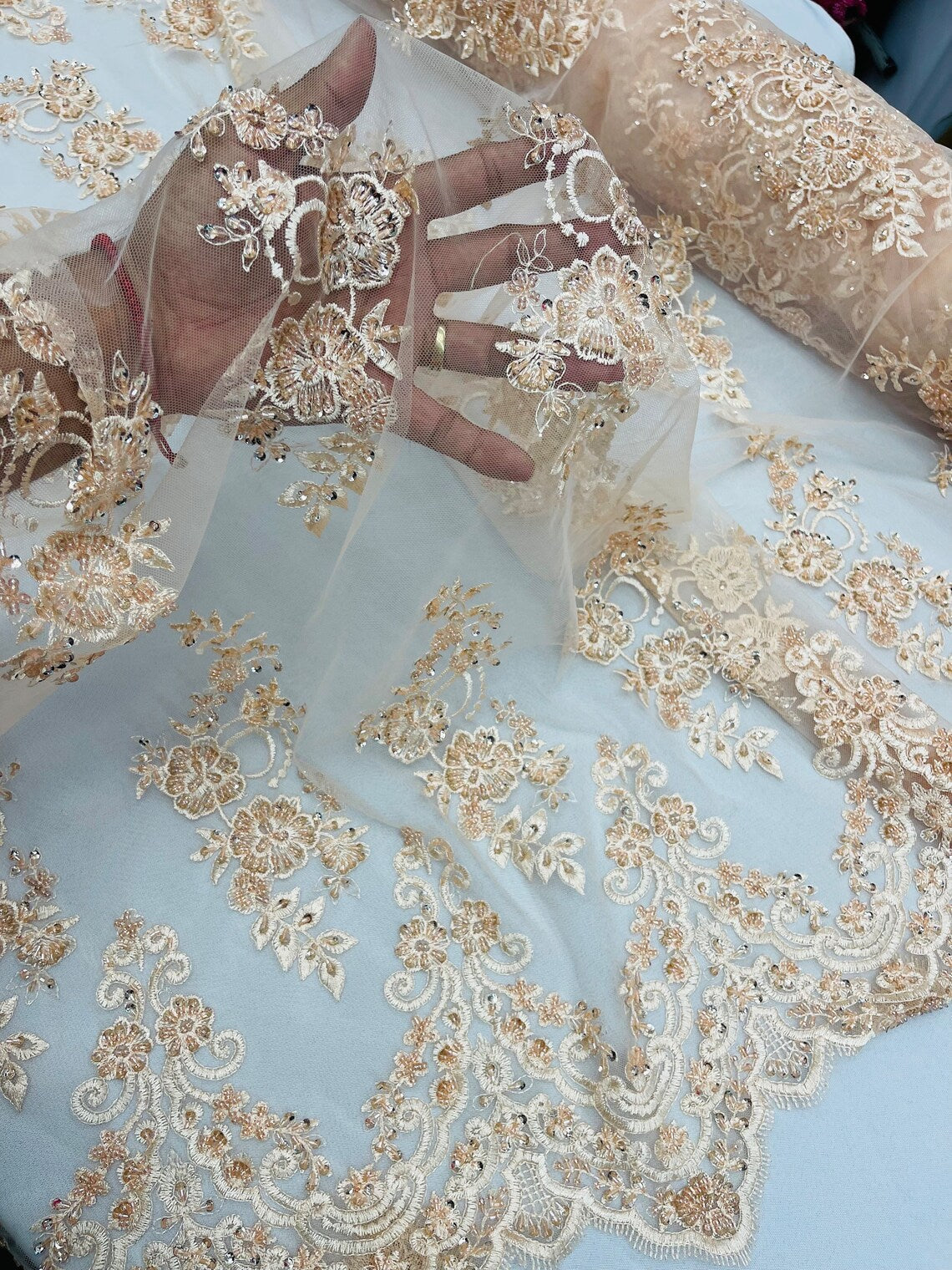 Beaded Floral Fabric - Blush - Embroidered Flower Cluster Beaded Fabric Sold By Yard