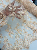 Beaded Floral Fabric - Blush - Embroidered Flower Cluster Beaded Fabric Sold By Yard