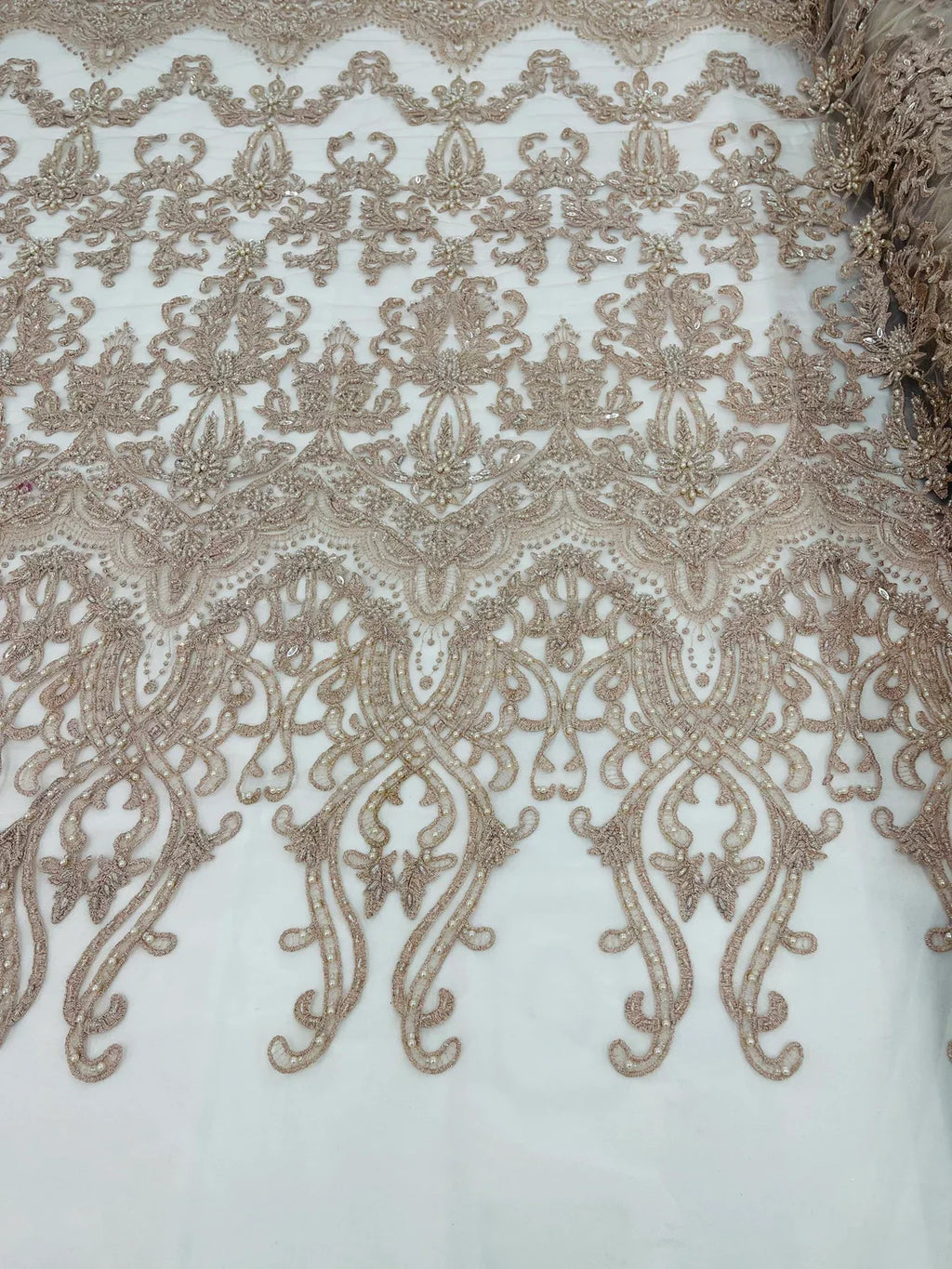 Damask Bead Fabric - Blush - Embroidered Glamorous Fabric with Round Beads Sold By Yard