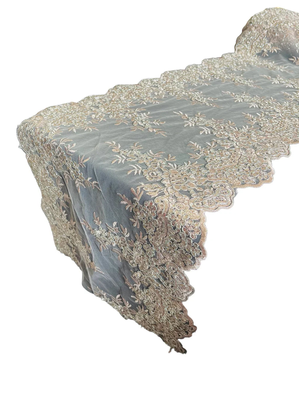 14" Metallic Flower Lace Table Runner - Blush - Floral Runner for Event Decor Sold By The Yard