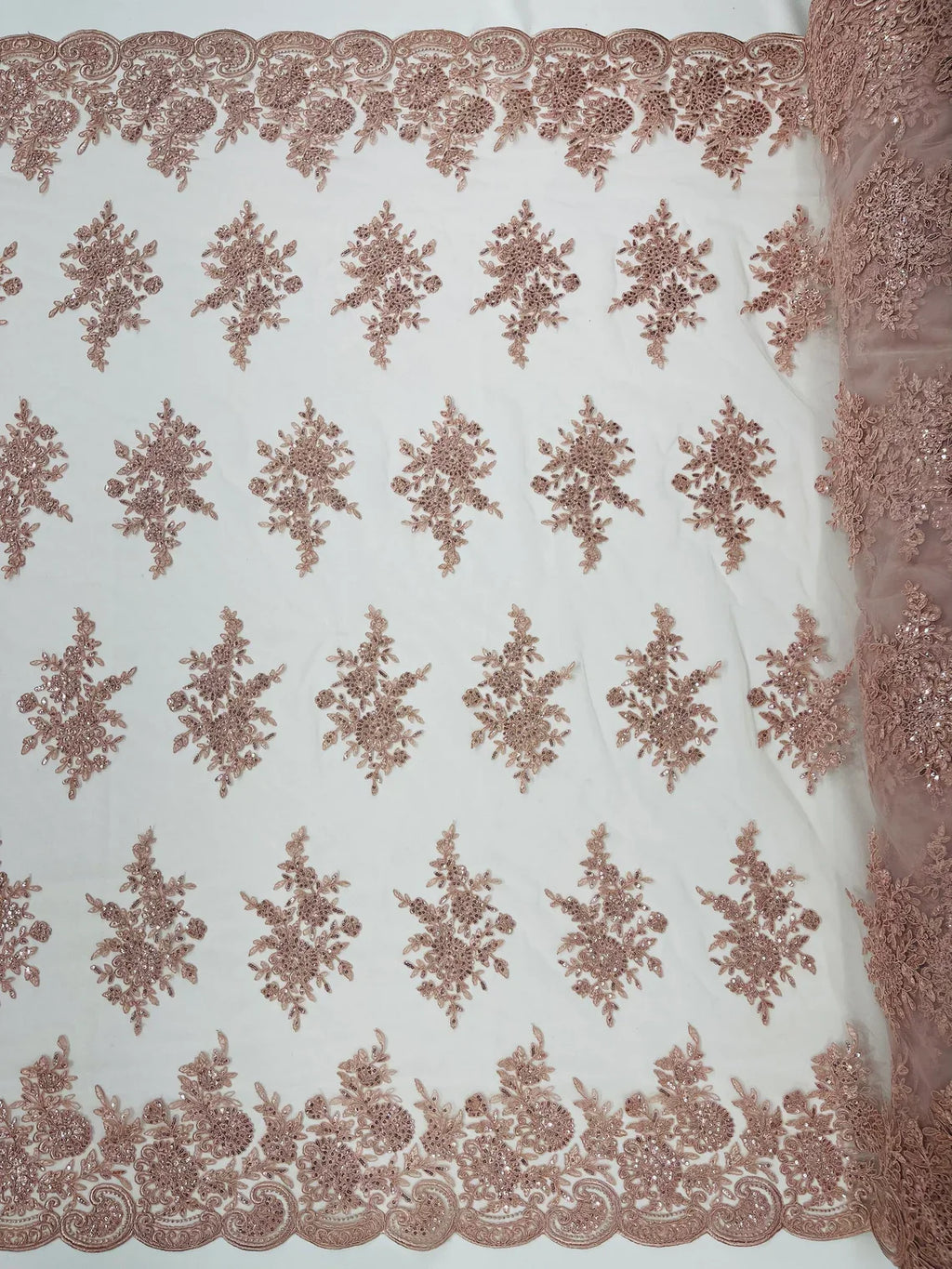 Floral Lace Flower Fabric - Blush - Floral Embroidered Fabric with Sequins on Lace By Yard