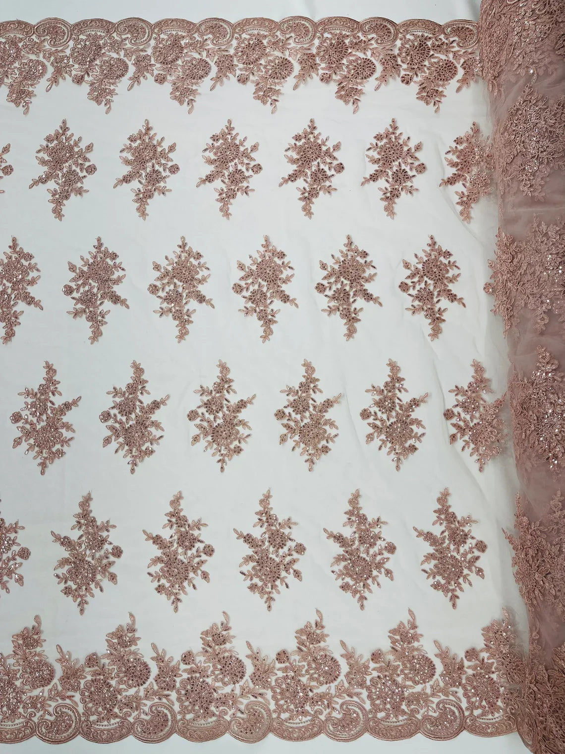 Floral Lace Flower Fabric - Blush - Floral Embroidered Fabric with Sequins on Lace By Yard