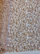 Beaded Floral Plant Design - Blush - Embroidered Beaded Flower Plants Sequins Fabric By Yard