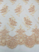 Floral Damask Lace Fabric - Blush - Embroidered Damask Flowers on Lace Fabric By Yard