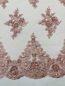 Beaded Floral Fabric - Blush - Floral Cluster Design Fabric with Damask Border by Yard