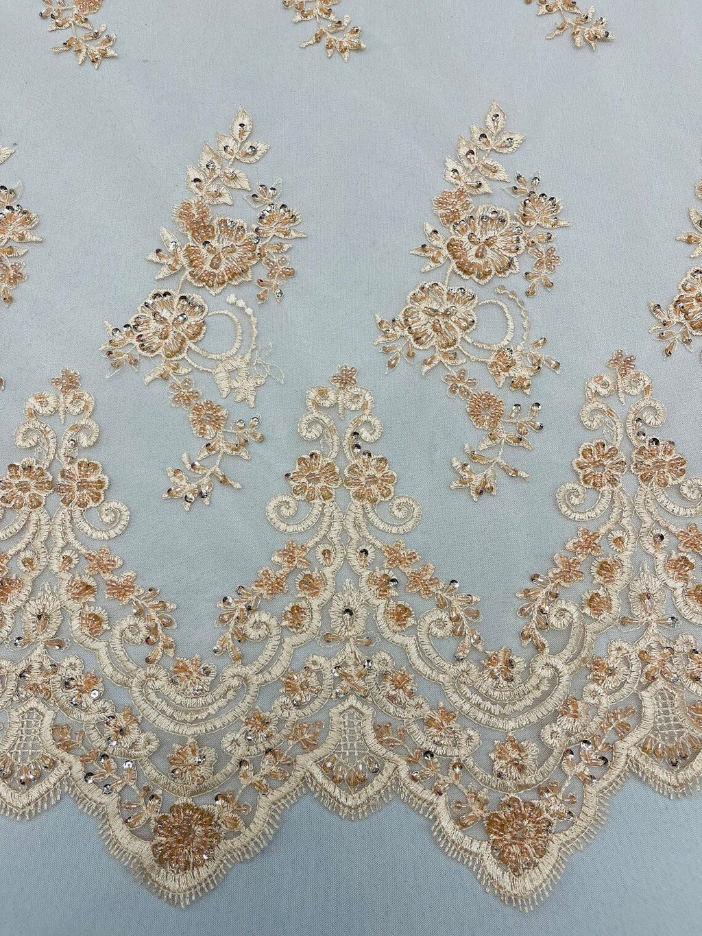 Beaded Floral Fabric - Blush - Embroidered Flower Cluster Beaded Fabric Sold By Yard
