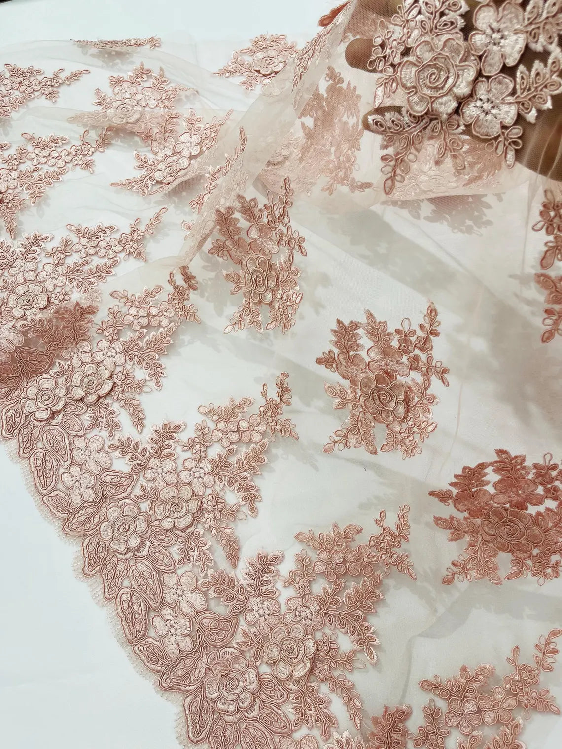 Corded Floral 3D Fabric - Blush - Embroidered Floral Design on Lace Mesh Fabric by Yard