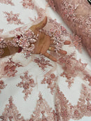 Beaded Floral Fabric - Blush - Floral Cluster Design Fabric with Damask Border by Yard