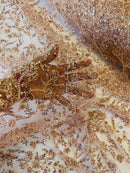 Beaded Floral Plant Design - Blush - Embroidered Beaded Flower Plants Sequins Fabric By Yard