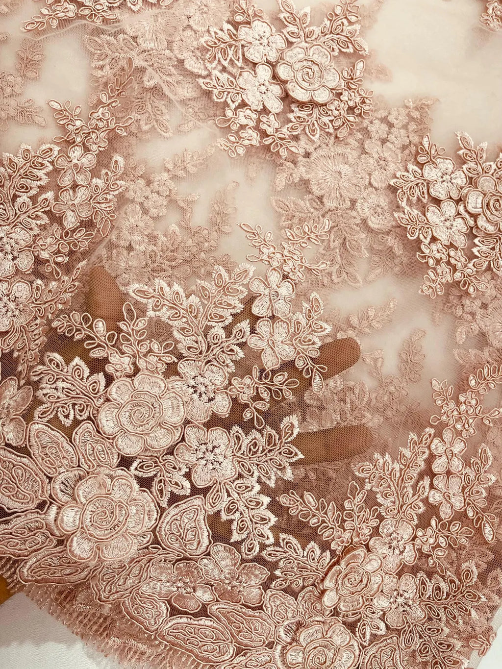 Corded Floral 3D Fabric - Blush - Embroidered Floral Design on Lace Mesh Fabric by Yard