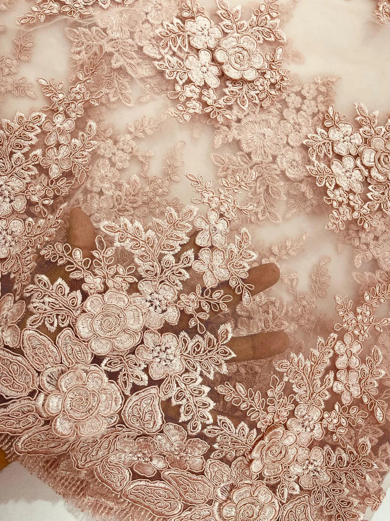 Corded Floral 3D Fabric - Blush - Embroidered Floral Design on Lace Me