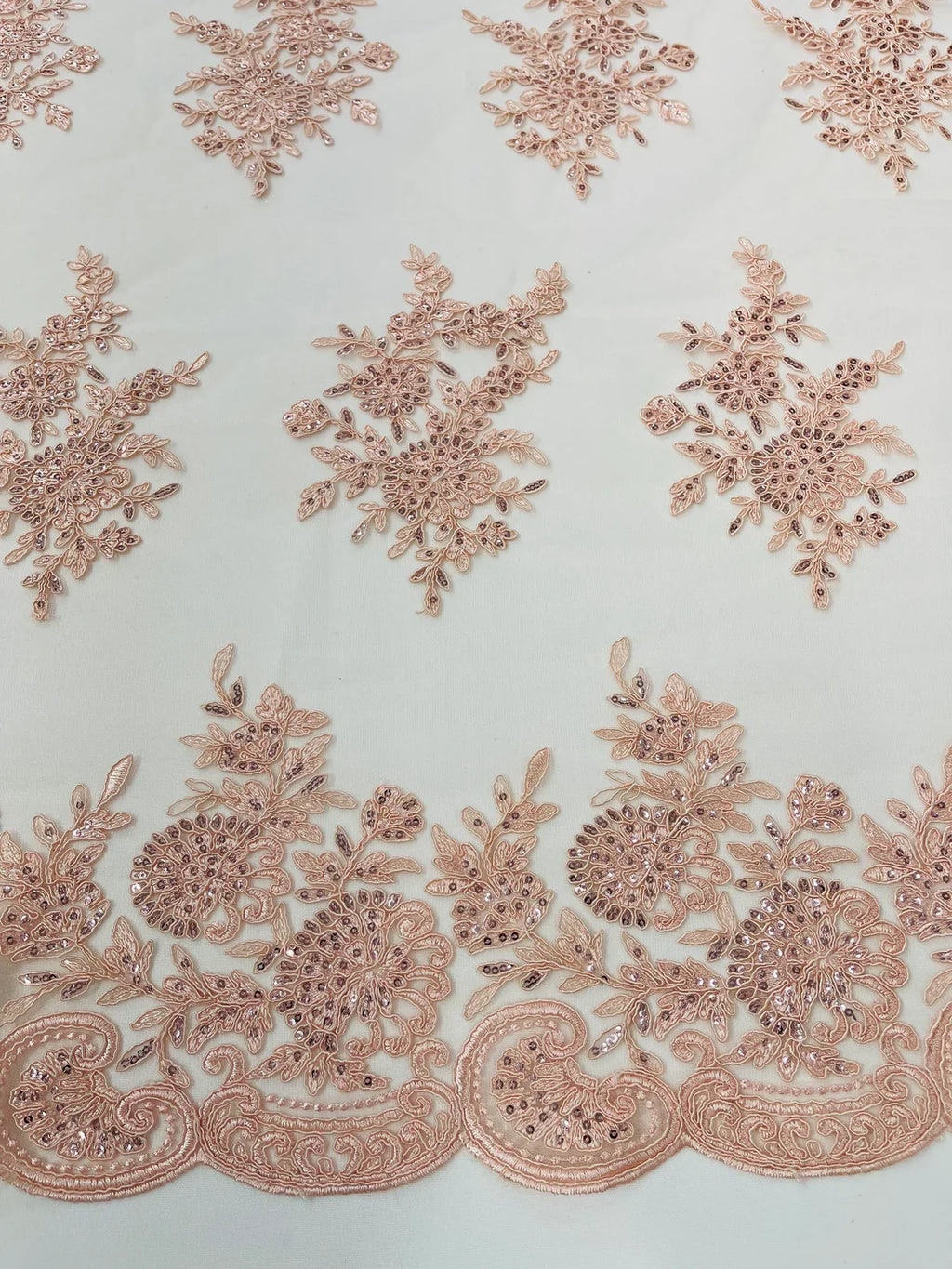 Floral Lace Flower Fabric - Blush - Floral Embroidered Fabric with Sequins on Lace By Yard