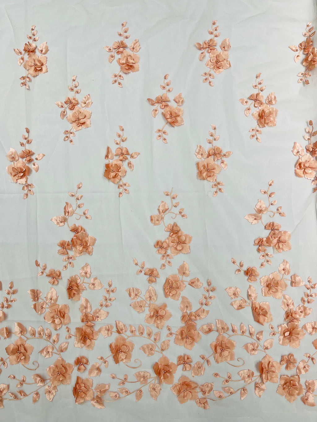 3D Floral Pearl Fabric - Blush Peach - Embroidered Floral Pearl Fabric Single Border On Mesh By Yard
